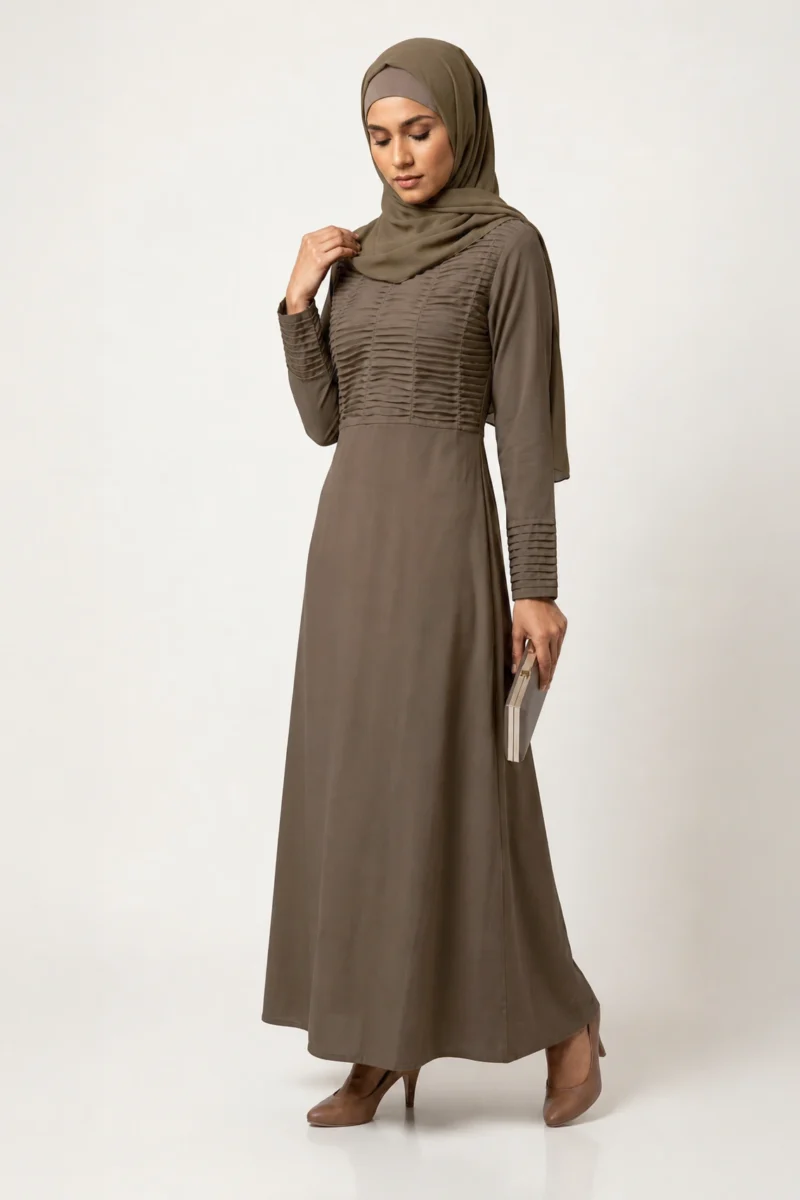 Pintucks Pleated Modest Women’s Sand Grey Abaya