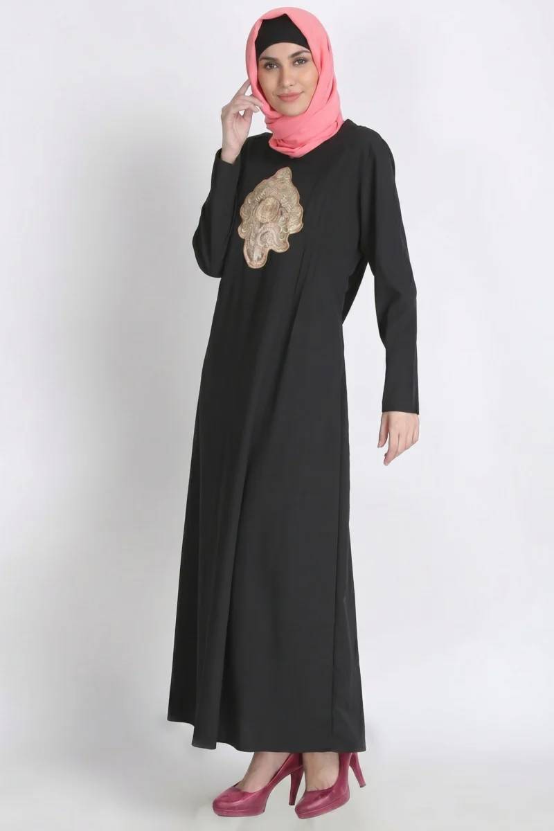 Sahar Golden Flower Black Crepe Abaya