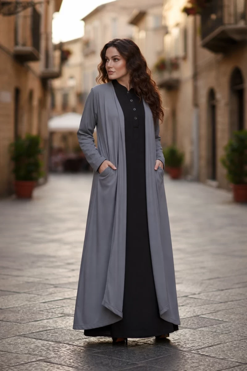 grey waterfall shrug worn by girl
