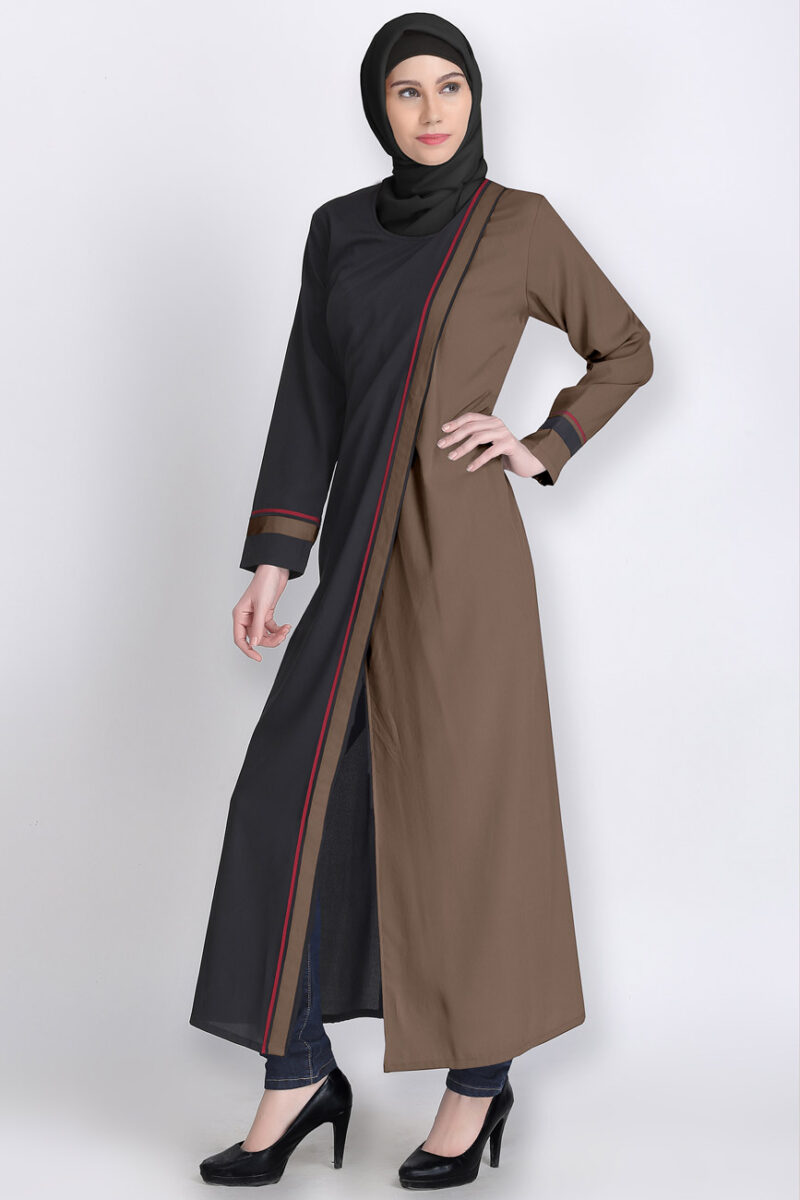 elegant black sand gray line abaya