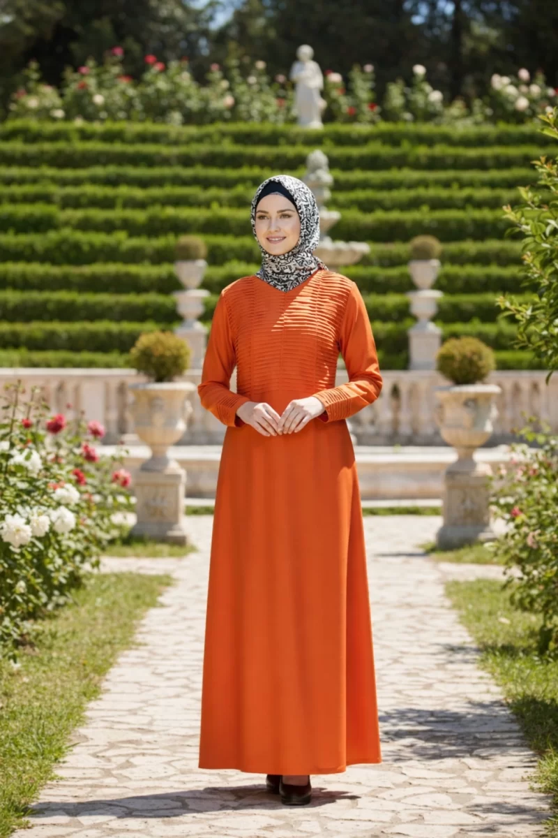 Pintucks Pleated Modest Womenโs Orange Abaya