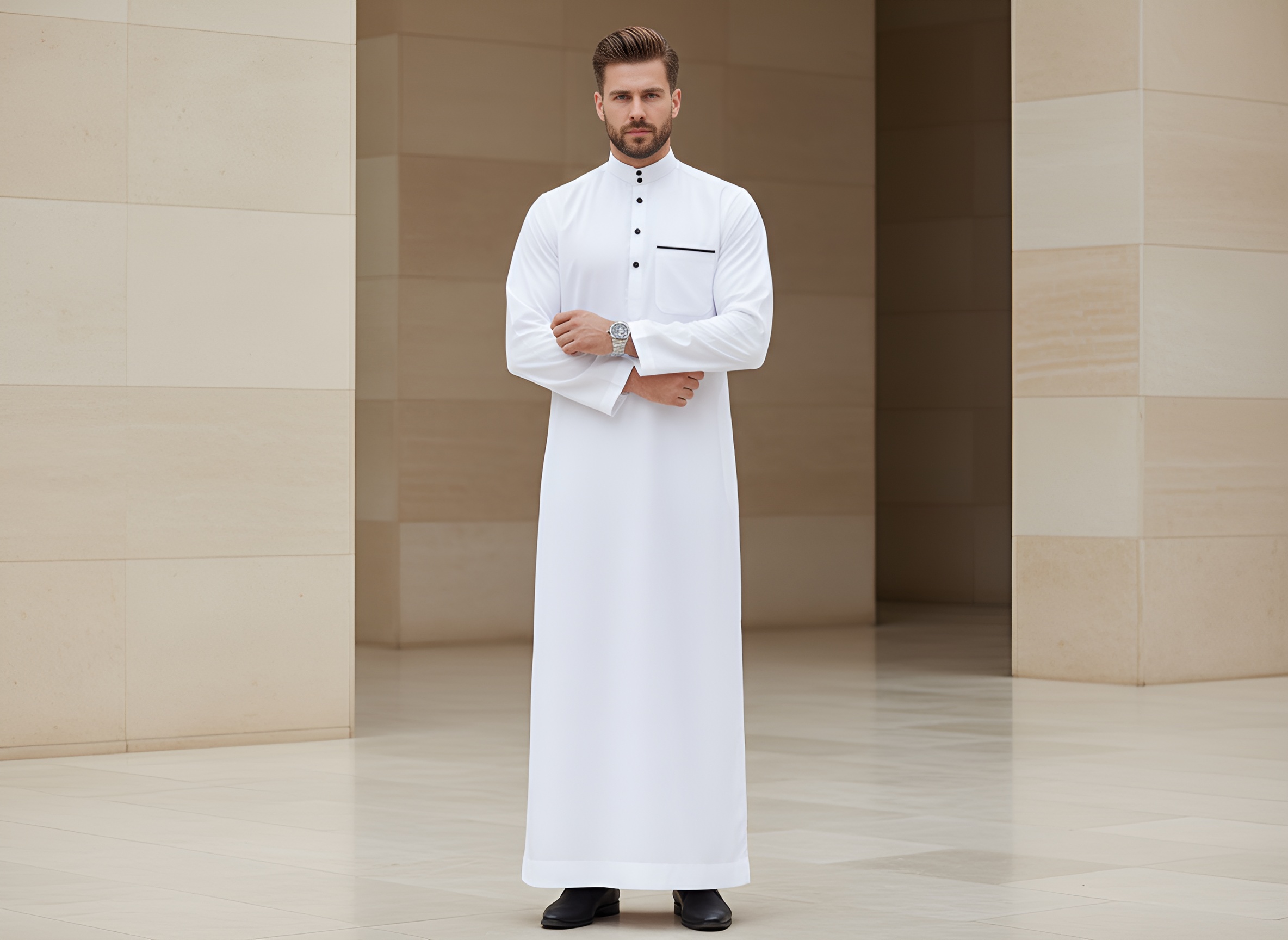 White thobe worn by a man, ideal for prayer and formal Islamic occasions