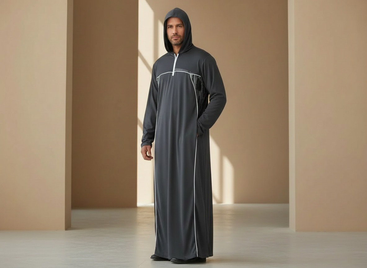 Modern slim-fit thobe styled with a hoodie for urban wear