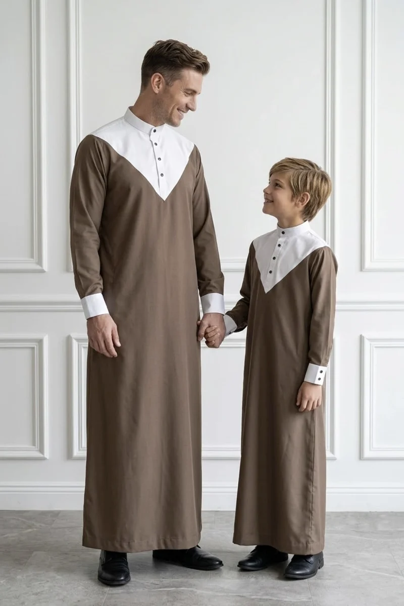 father and son matching sand grey thobe