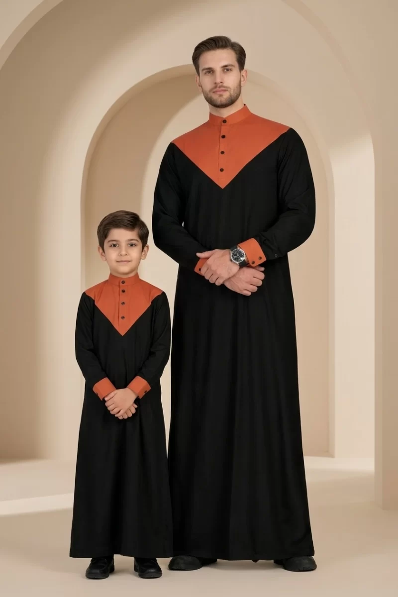 Father and Son Matching Ramadan Black Orange Thobe Set