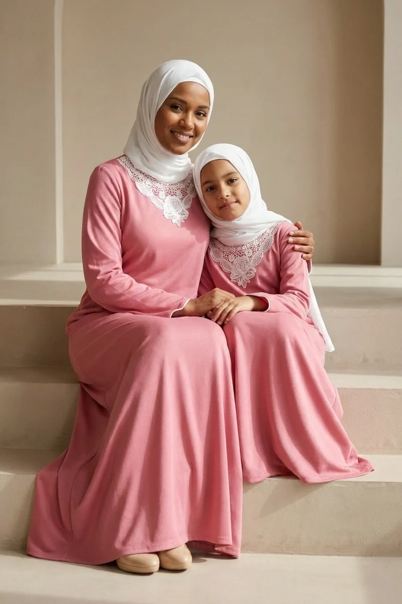 Pink Floral Embroidered Mother Daughter Matching Abaya Set
