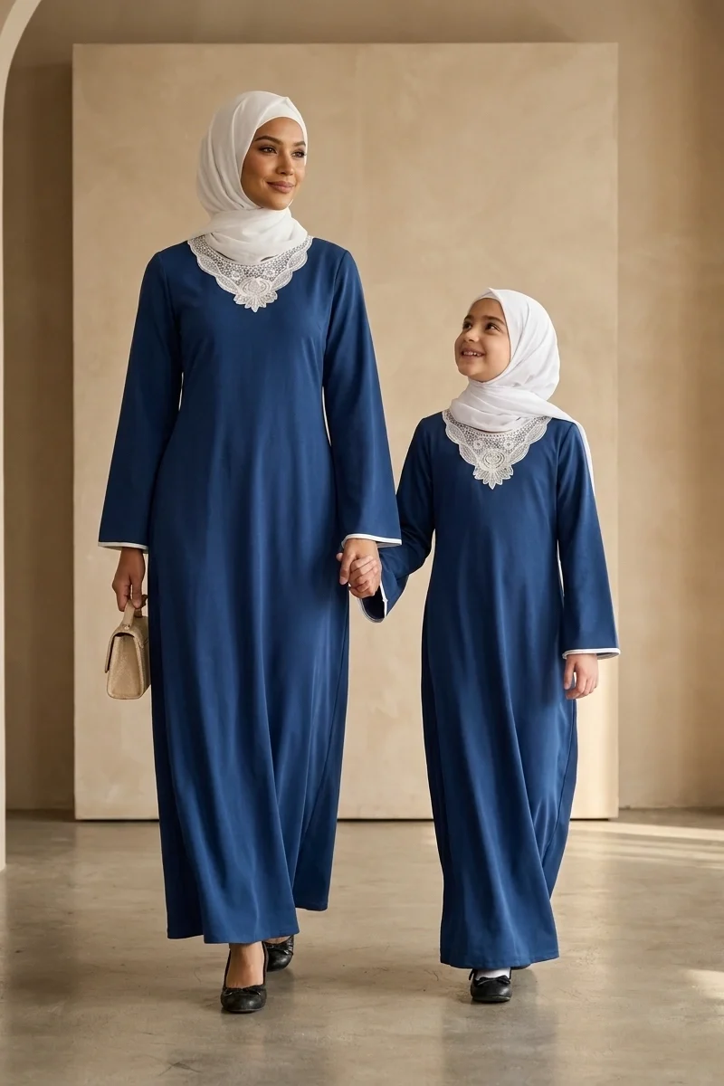 Mother Daughter Floral Embroidered Abaya Set – Elegant Blue