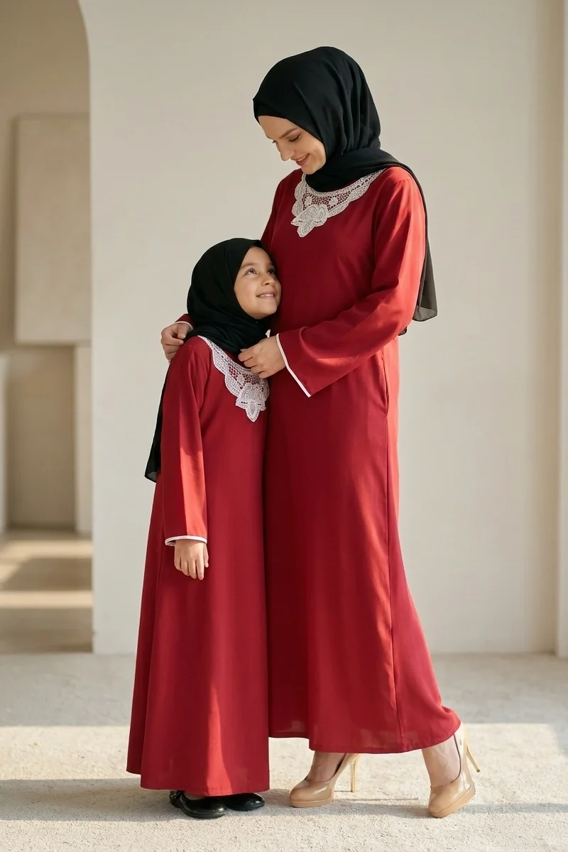 Maroon Floral Embroidered Mother Daughter Matching Abaya