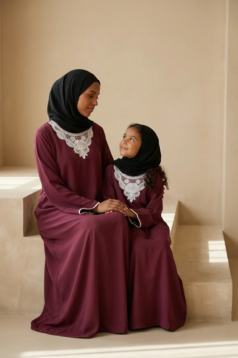 Purple Floral Embroidered Mother Daughter Matching Abaya Set