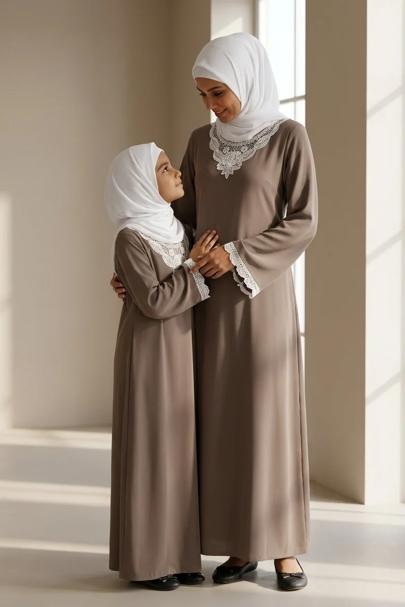 Sand Grey Floral Embroidered Mother Daughter Matching Abaya
