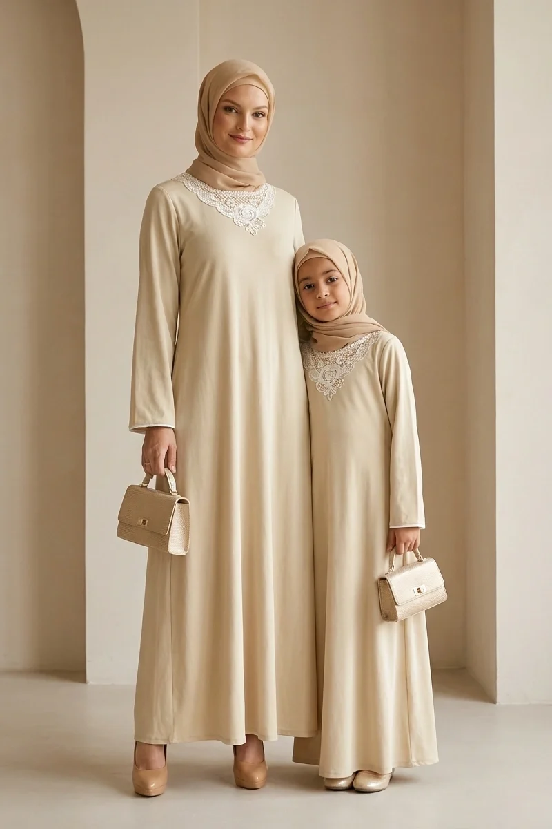 Mother Daughter Floral Embroidered Matching Abaya – Yellow